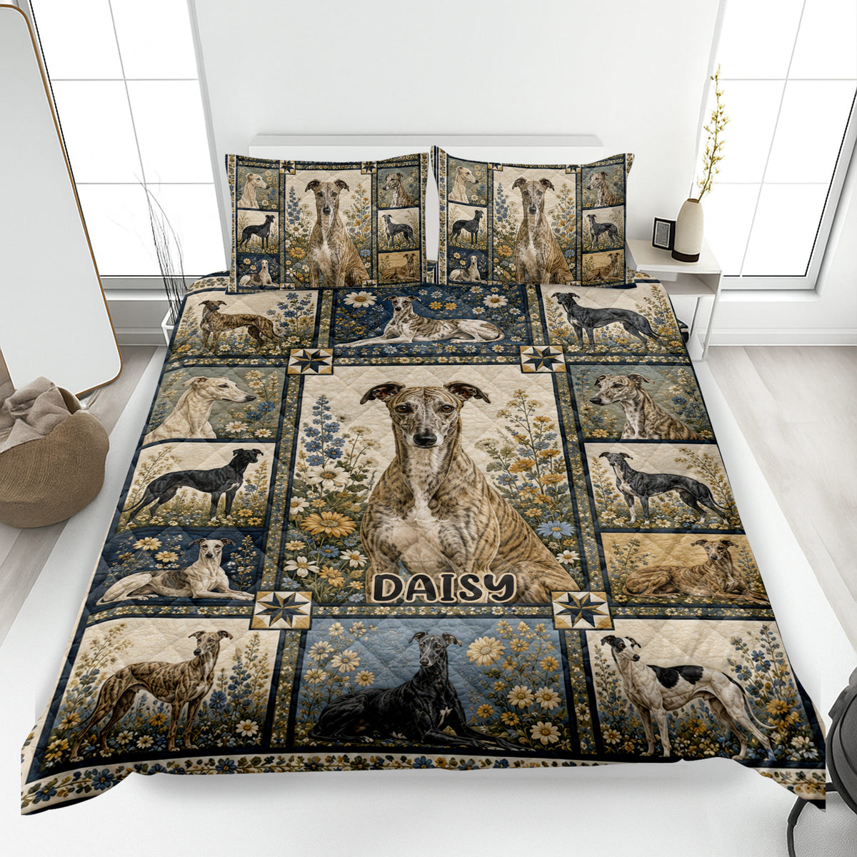 Greyhound quilt blanket displayed on a bed with botanical panels, navy accents, and multiple sighthound portraits