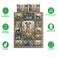 Greyhound quilt bedding set shown front-facing with floral artwork and surrounding care and quality icons