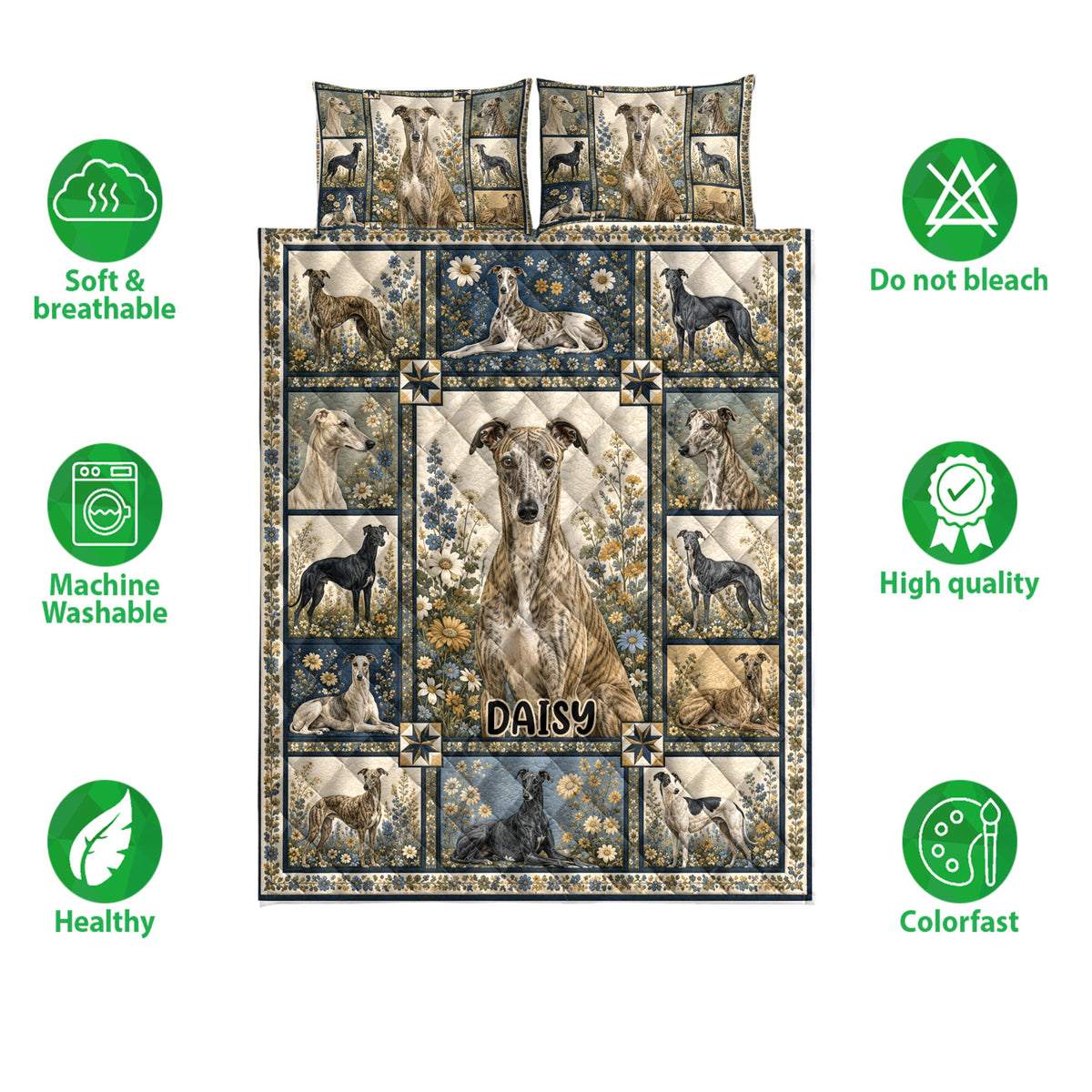 Greyhound quilt bedding set shown front-facing with floral artwork and surrounding care and quality icons
