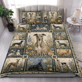 Greyhound quilt bedding styled in a bright bedroom with floral sighthound artwork and navy borders