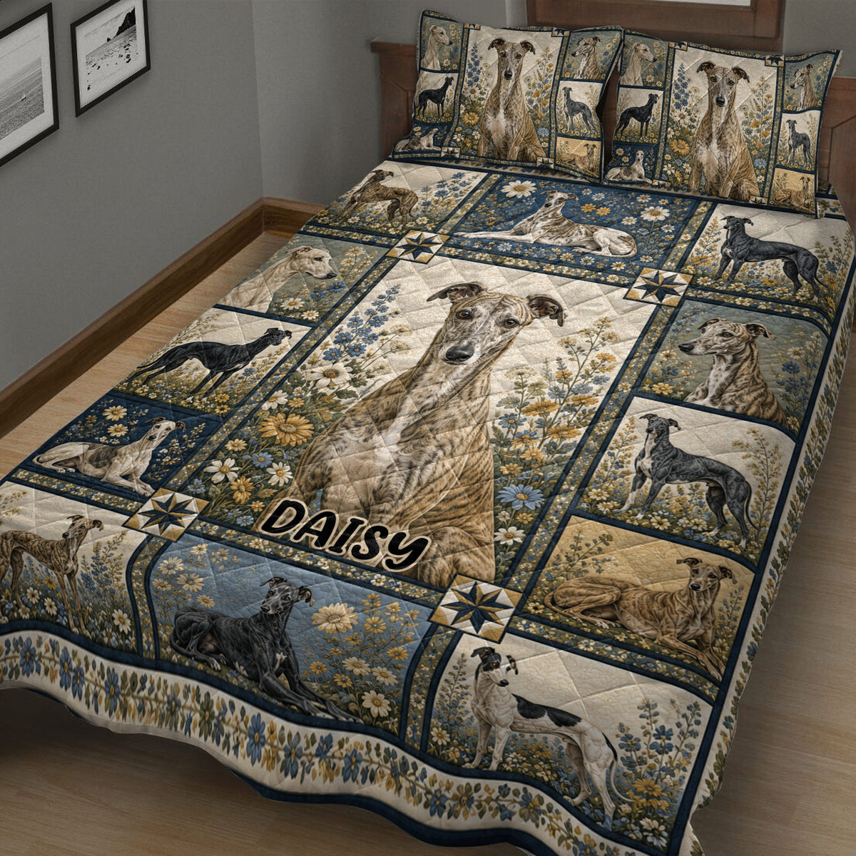 Close angled view of Greyhound quilt blanket bedding with botanical panels and multiple sighthound portraits