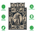 Greyhound quilt bedding set displayed flat with repeated dog portraits and navy, cream, and gray artwork
