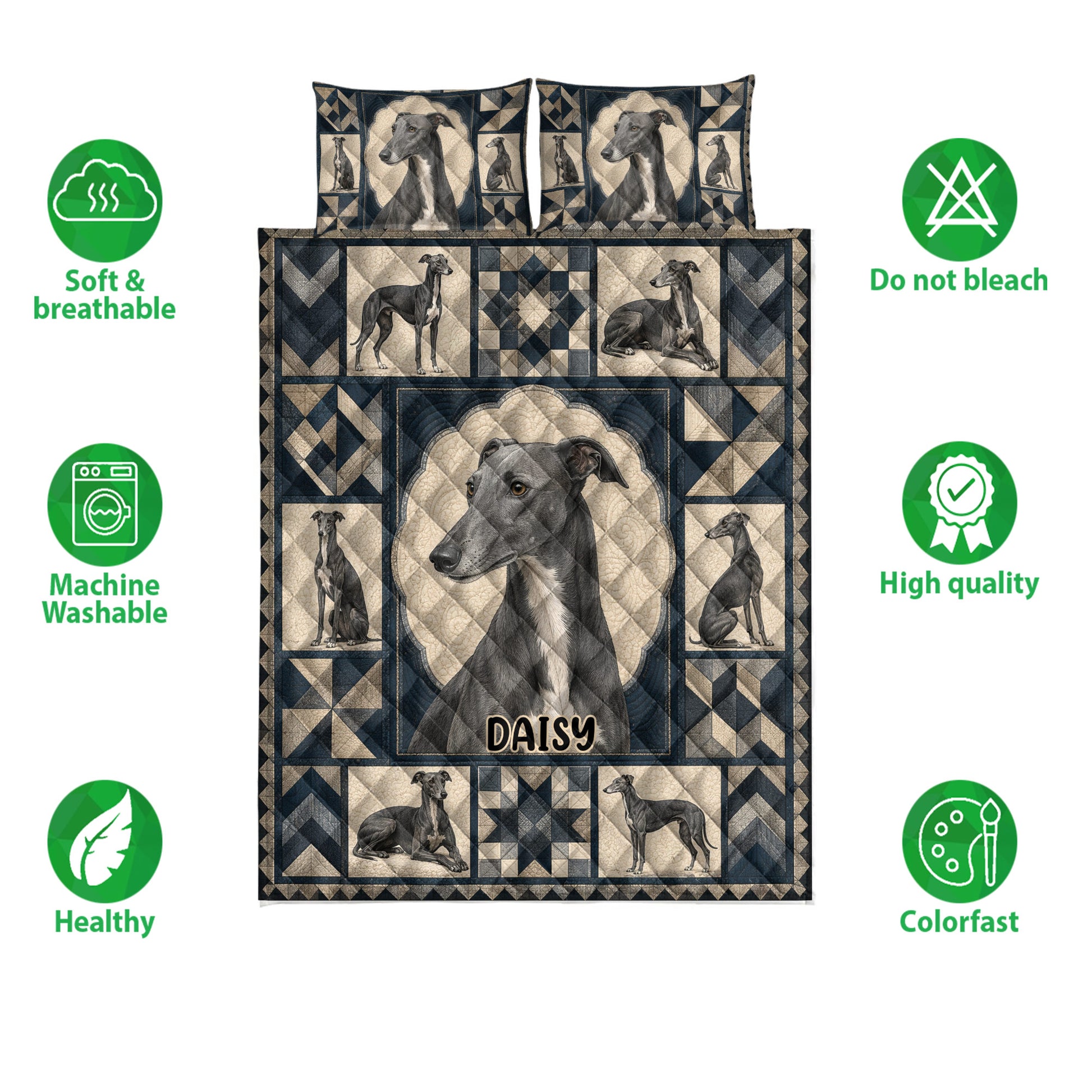 Greyhound quilt bedding set displayed flat with repeated dog portraits and navy, cream, and gray artwork