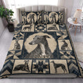 Greyhound quilt bedding styled on a bed with portrait panels and geometric bedroom decor