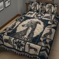 Close view of greyhound quilt bedding with a large dog portrait and repeated sighthound artwork