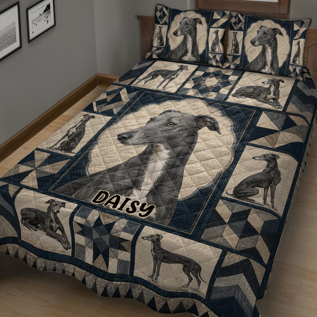 Close view of greyhound quilt bedding with a large dog portrait and repeated sighthound artwork