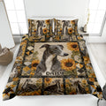 Greyhound quilt blanket displayed on a bed with sunflower patchwork and coordinated greyhound artwork