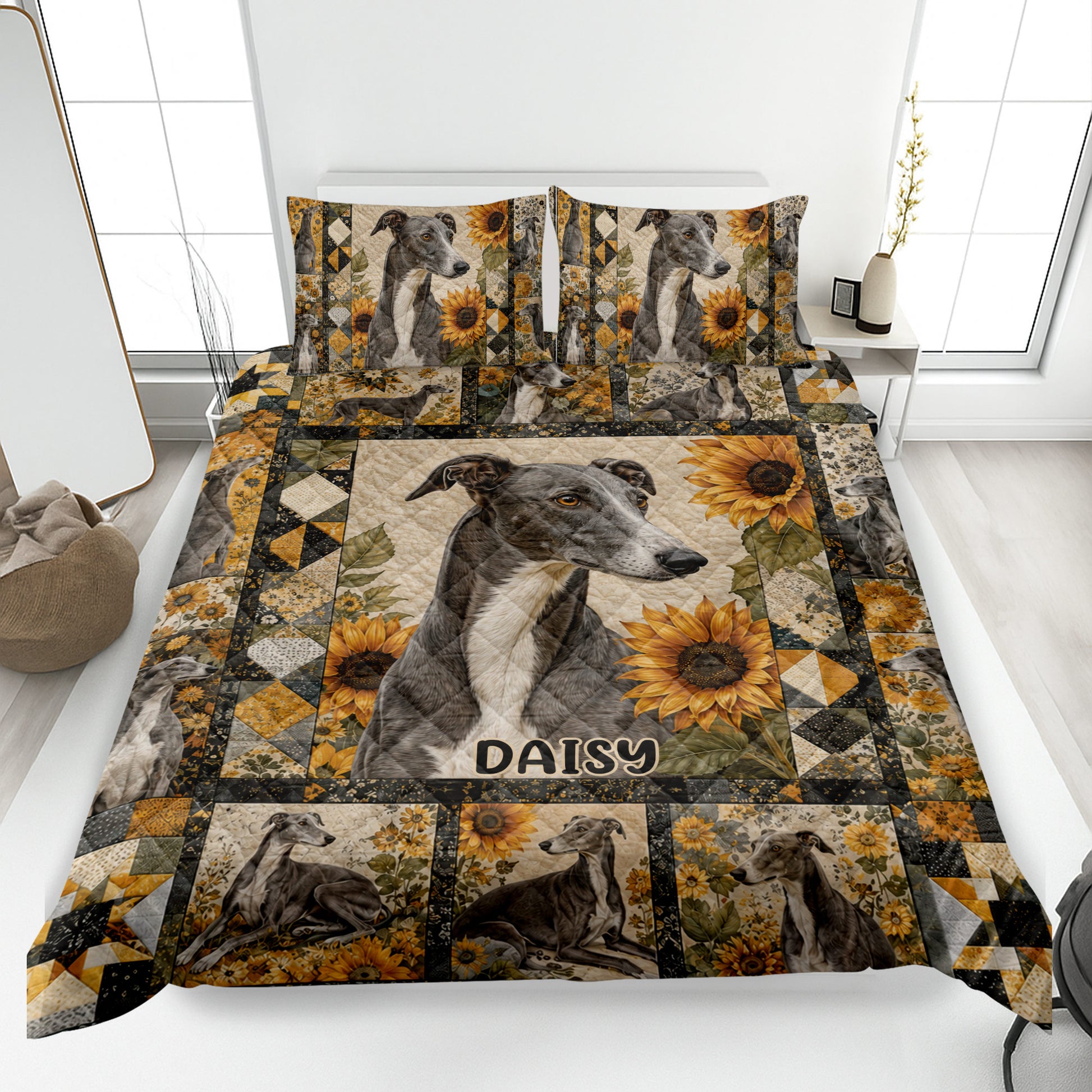 Greyhound quilt blanket displayed on a bed with sunflower patchwork and coordinated greyhound artwork