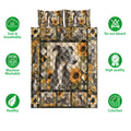 Greyhound quilt bedding set shown with sunflower panels, soft neutral colors, and repeating sighthound artwork