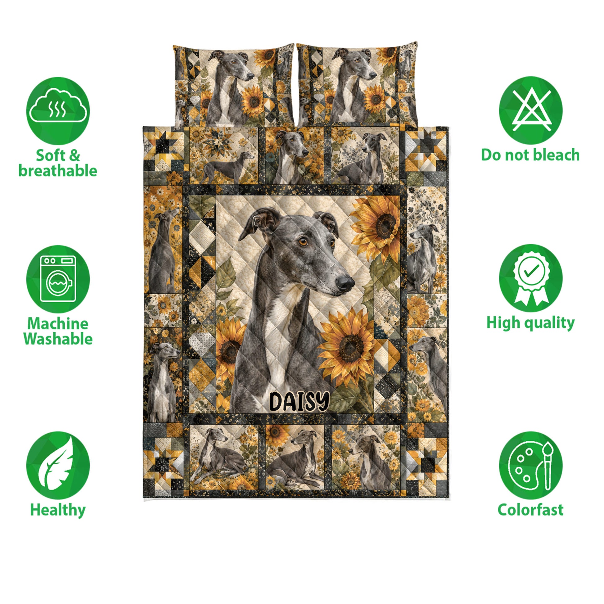 Greyhound quilt bedding set shown with sunflower panels, soft neutral colors, and repeating sighthound artwork