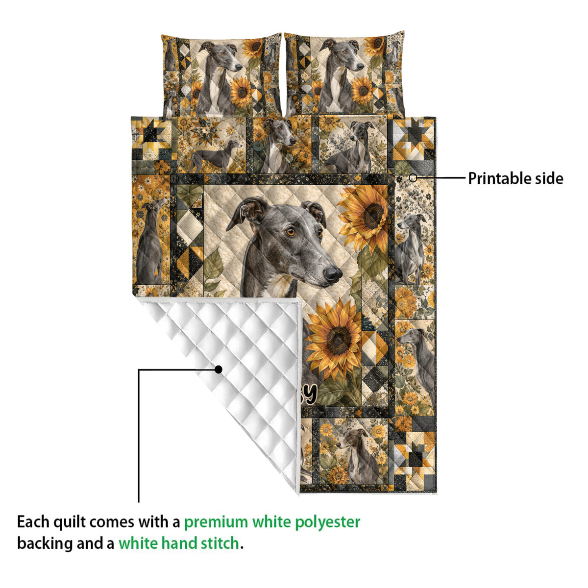 Greyhound quilt detail showing the printed front, quilted reverse, floral patchwork, and sunflower accents