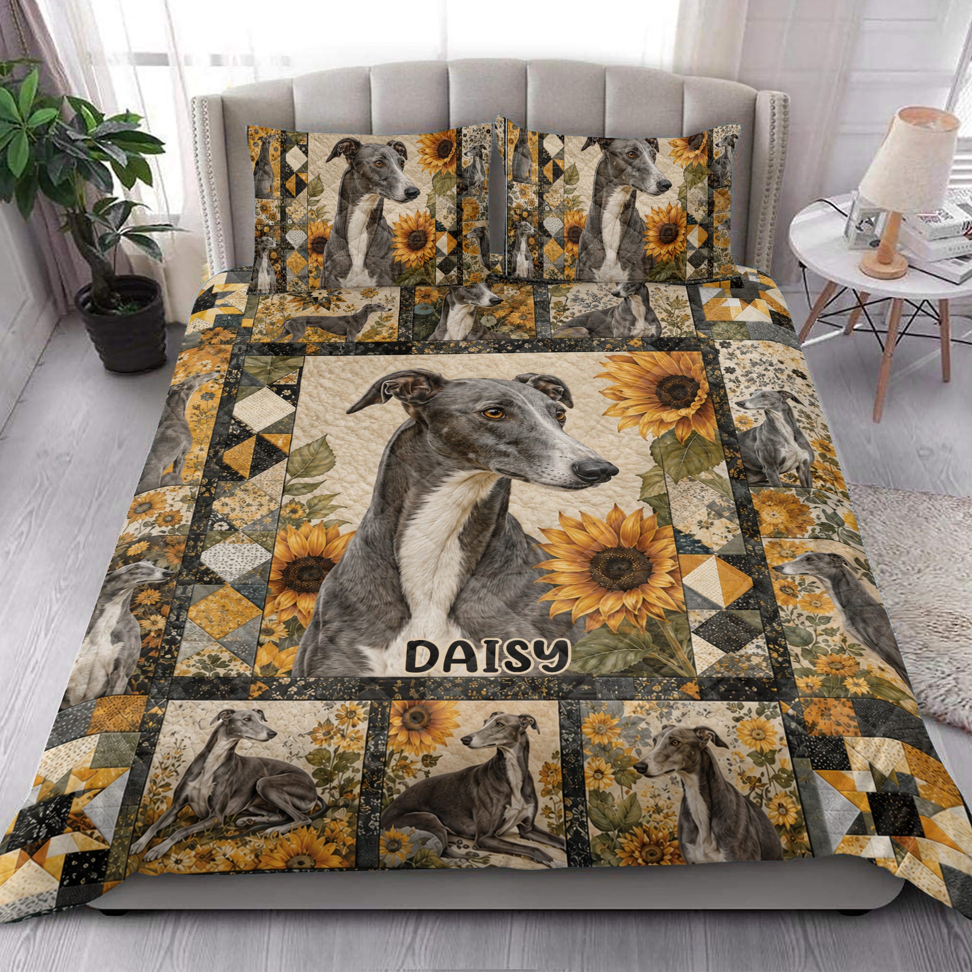 Greyhound quilt blanket styled in a bright bedroom with large portrait artwork and sunflower borders