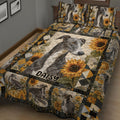 Close bedroom view of a greyhound quilt blanket featuring floral patchwork and multiple sighthound portraits