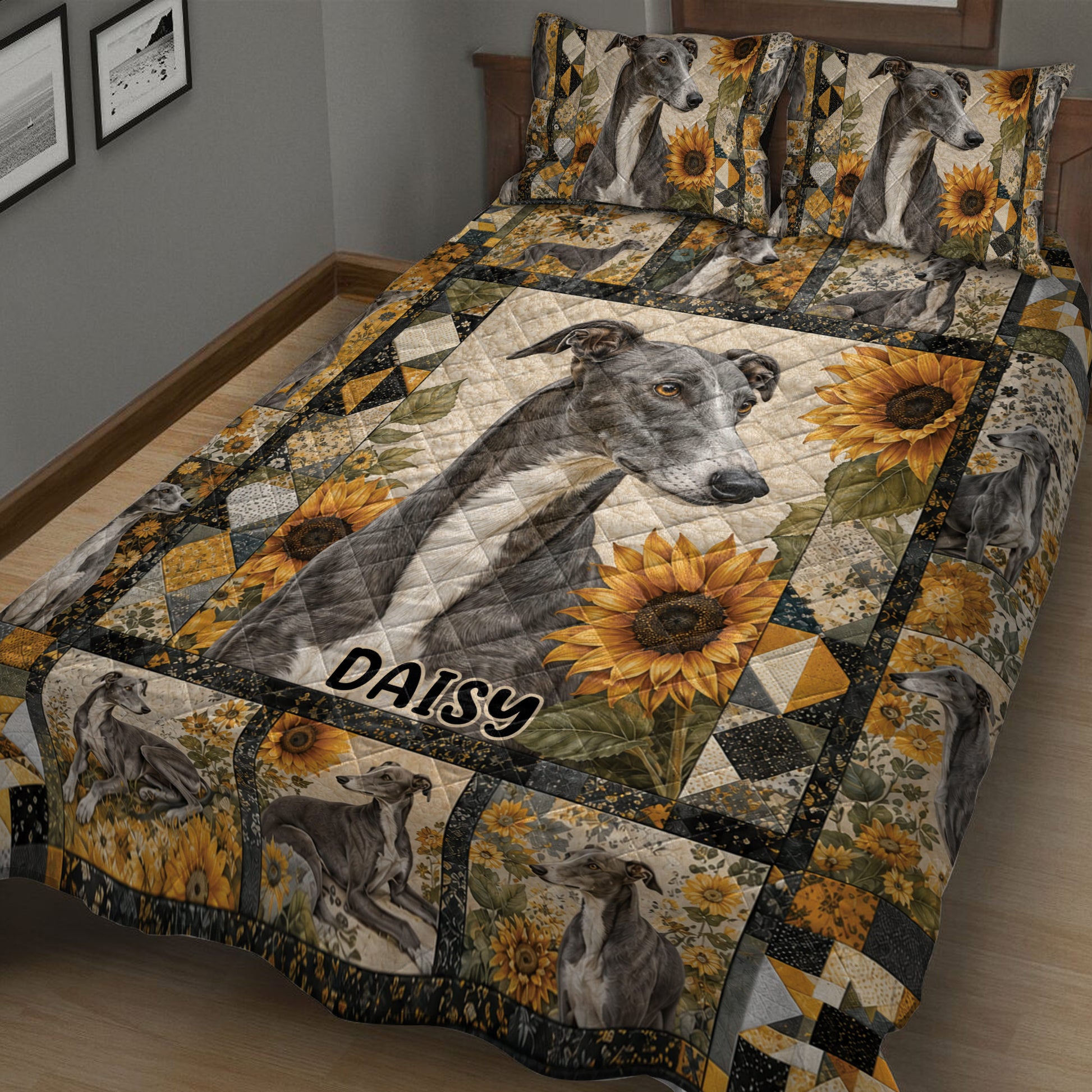 Close bedroom view of a greyhound quilt blanket featuring floral patchwork and multiple sighthound portraits