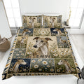 Greyhound quilt blanket displayed on a bed with floral panels, blue accents, and matching greyhound pillowcases