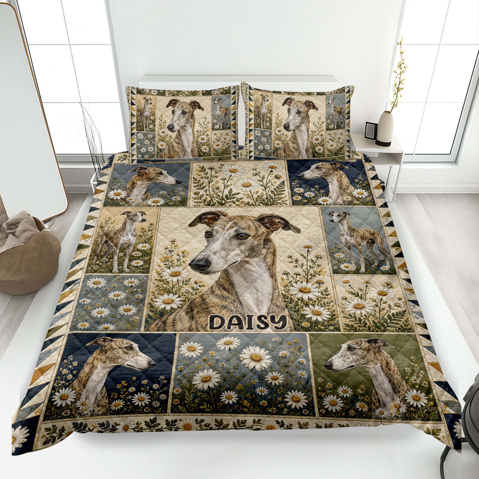 Greyhound quilt blanket displayed on a bed with floral panels, blue accents, and matching greyhound pillowcases