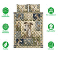 Greyhound quilt bedding set shown with floral artwork and icons highlighting softness, washability, and color