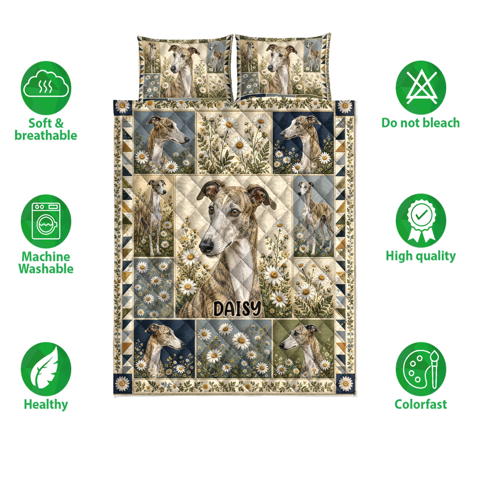Greyhound quilt bedding set shown with floral artwork and icons highlighting softness, washability, and color