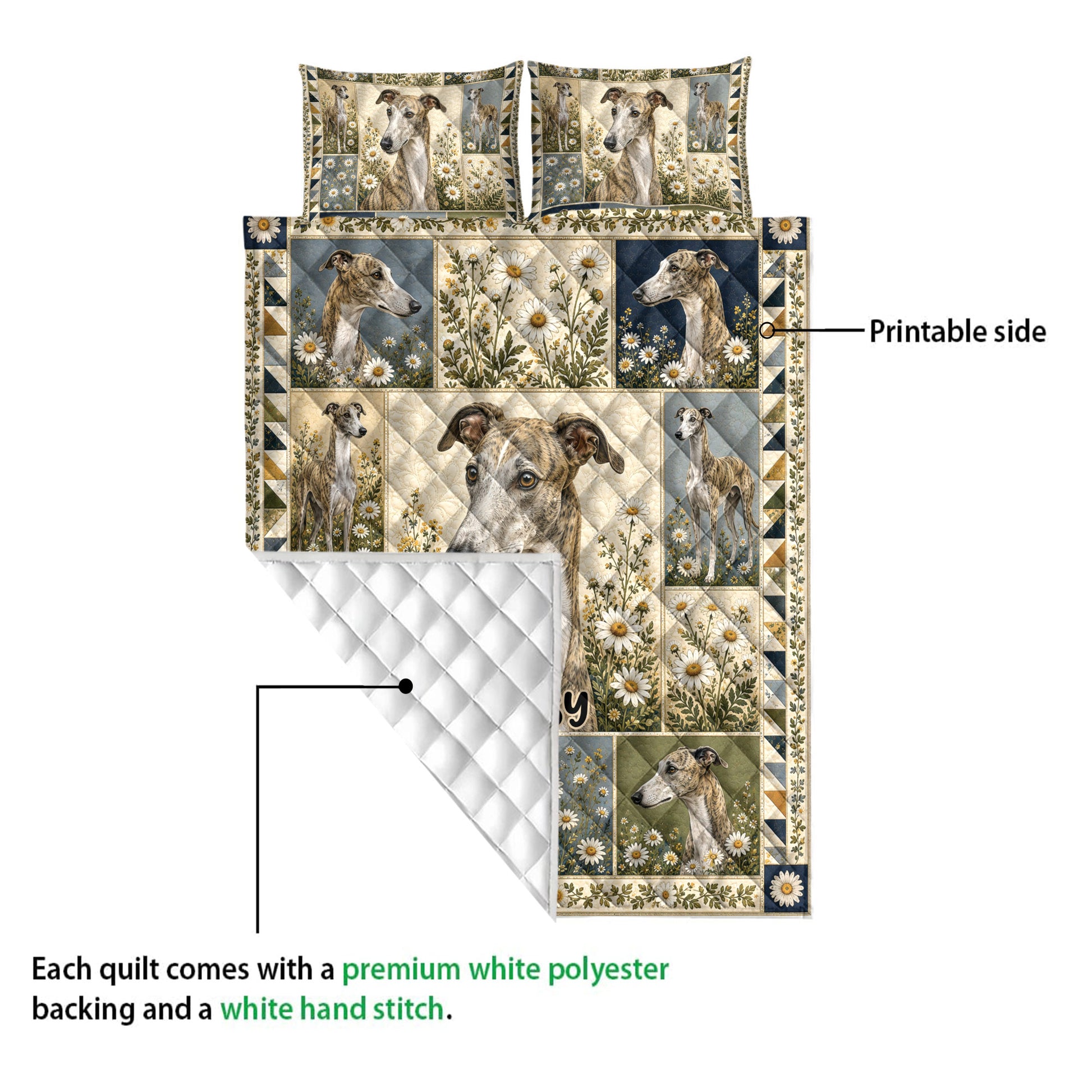 Greyhound quilt blanket shown with a printed floral dog design and a visible quilted backing detail