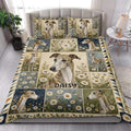 Greyhound quilt blanket styled in a bright bedroom with matching floral greyhound pillowcases