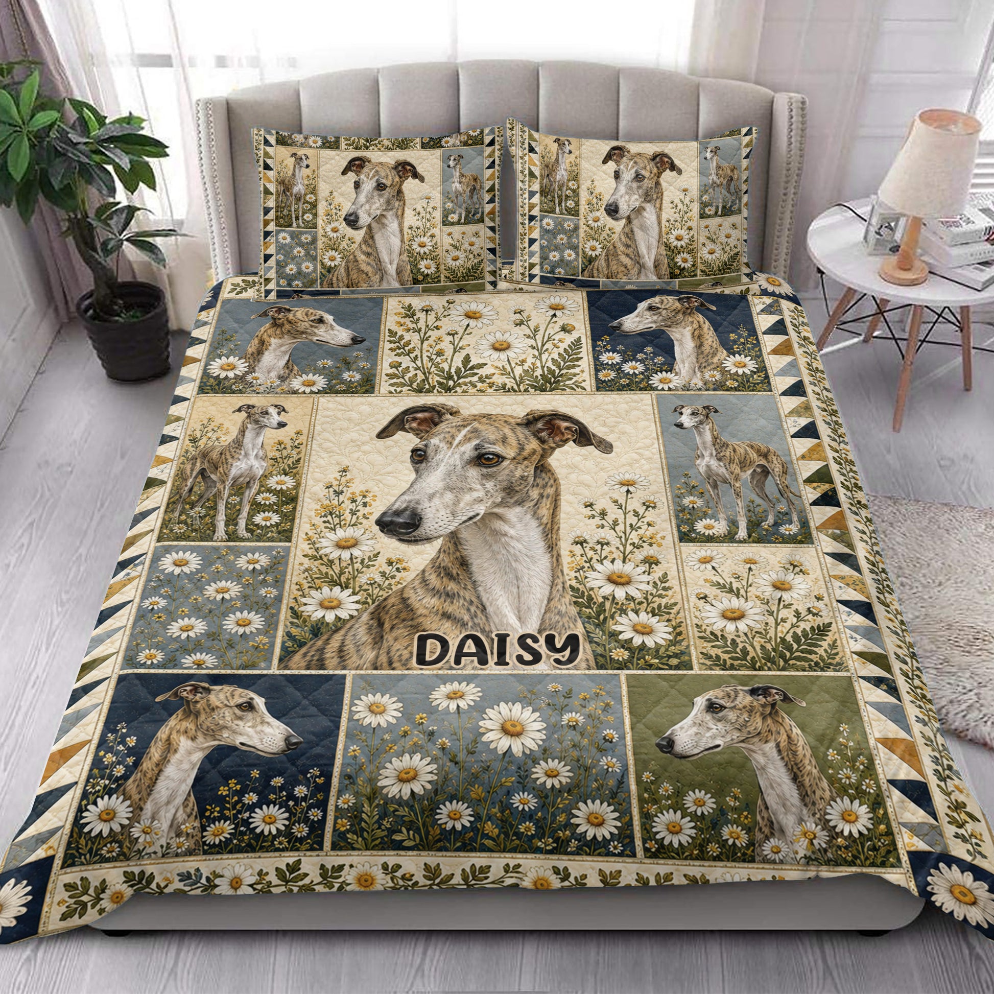 Greyhound quilt blanket styled in a bright bedroom with matching floral greyhound pillowcases