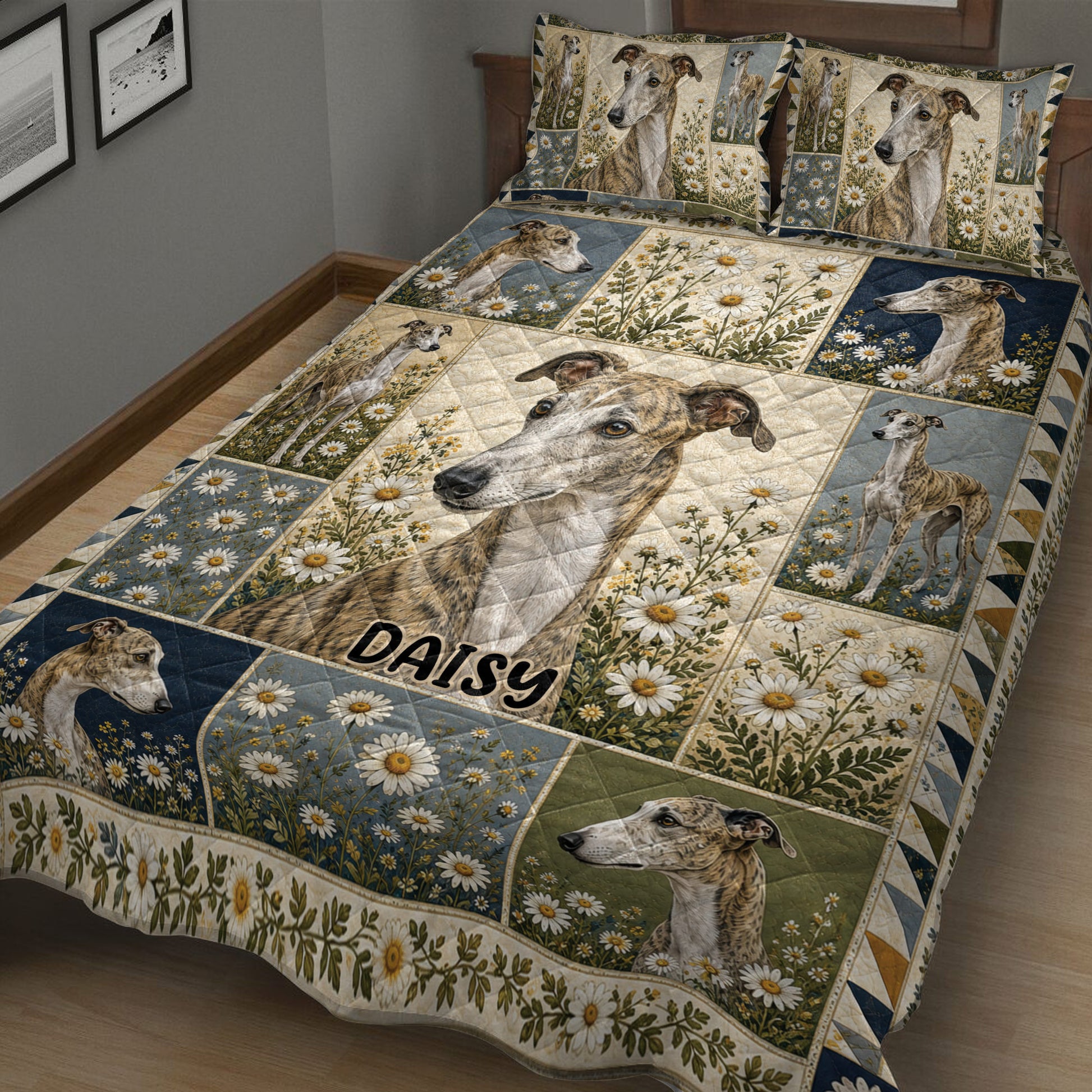 Close bedroom view of a greyhound quilt blanket featuring portrait panels, daisies, and navy blue accents
