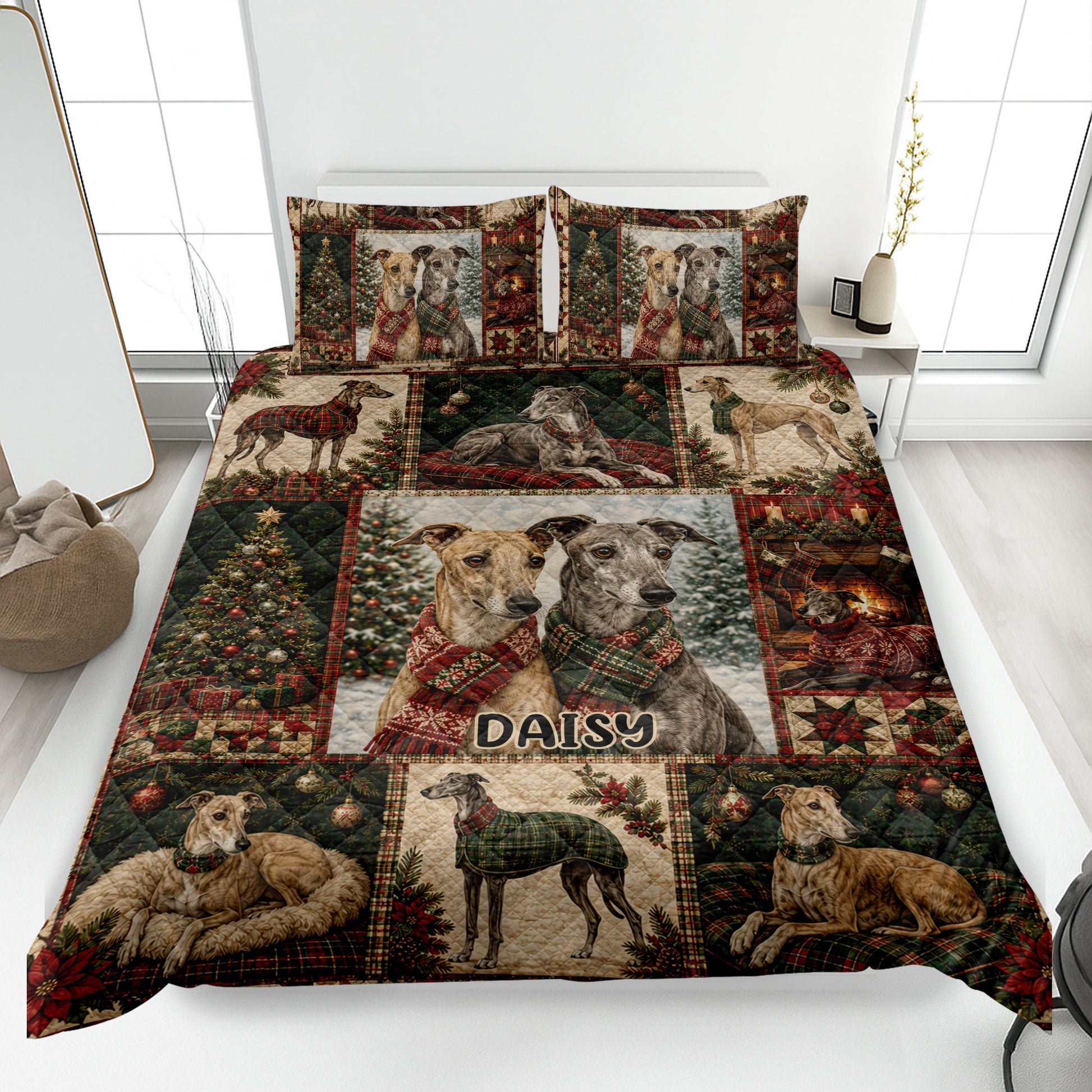 Christmas greyhound quilt blanket displayed on a bed with festive tartan, trees, stockings, and dog artwork
