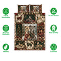 Christmas greyhound quilt bedding set shown with matching dog artwork and product feature icons
