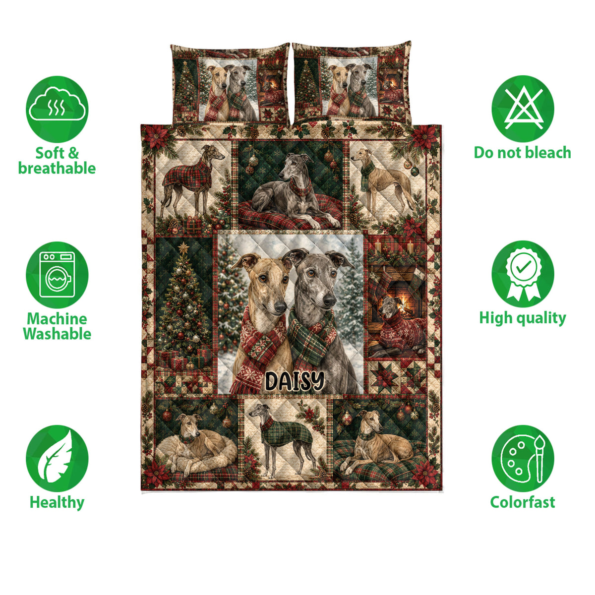 Christmas greyhound quilt bedding set shown with matching dog artwork and product feature icons