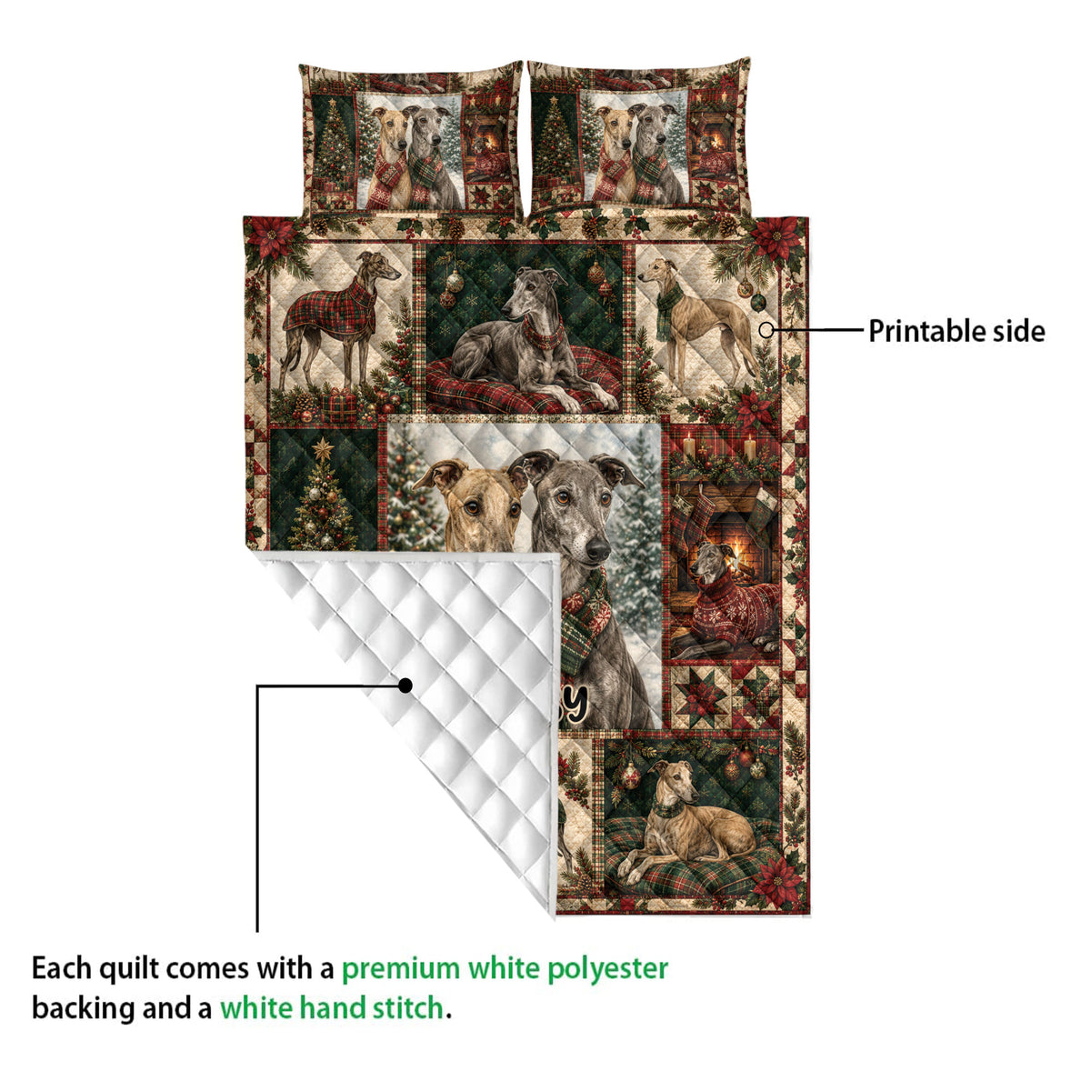 Christmas greyhound quilt showing the printed front design and white quilted reverse