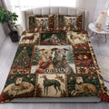 Festive greyhound quilt blanket styled across a bedroom with holiday dog artwork and tartan details