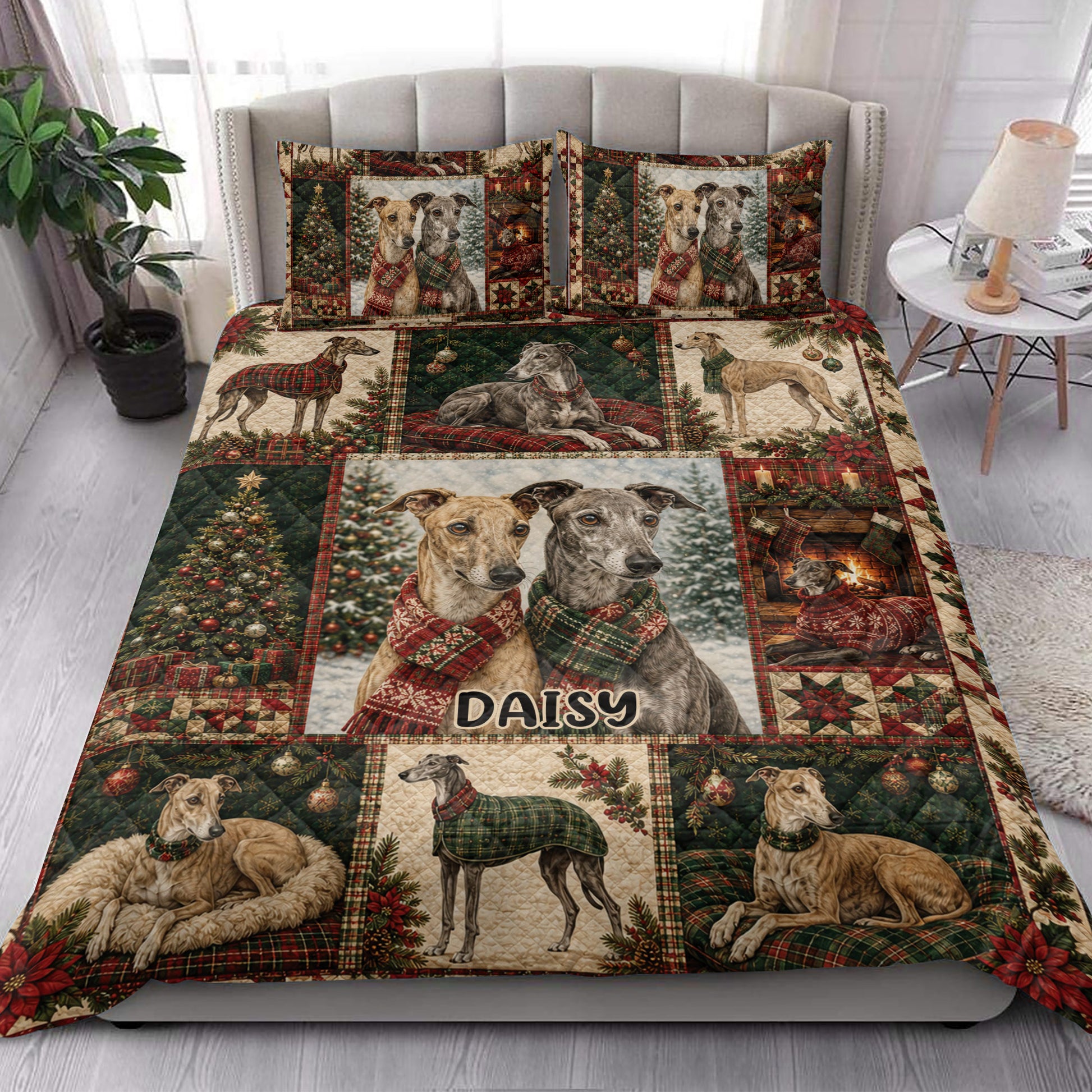 Festive greyhound quilt blanket styled across a bedroom with holiday dog artwork and tartan details