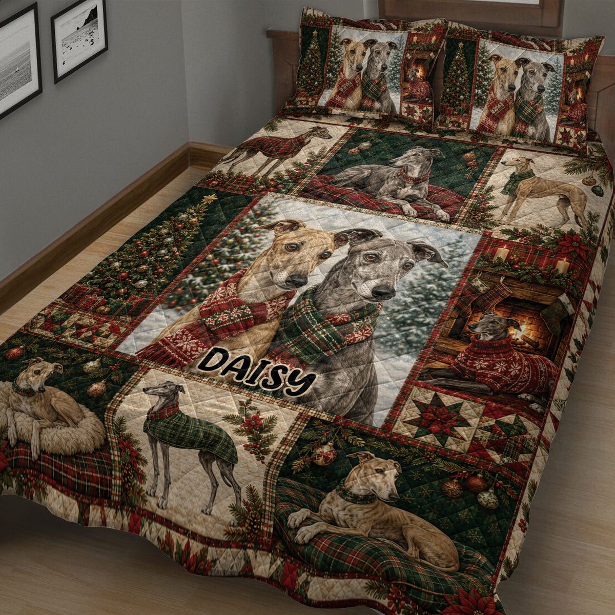 Close bedroom view of a Christmas greyhound quilt featuring scarf-wearing dogs, trees, and fireplace scenes