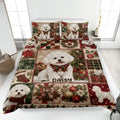 Bichon Frise Christmas quilt blanket displayed on a bed with festive patchwork artwork