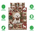 Bichon Frise holiday quilt blanket shown with soft breathable and machine washable feature icons