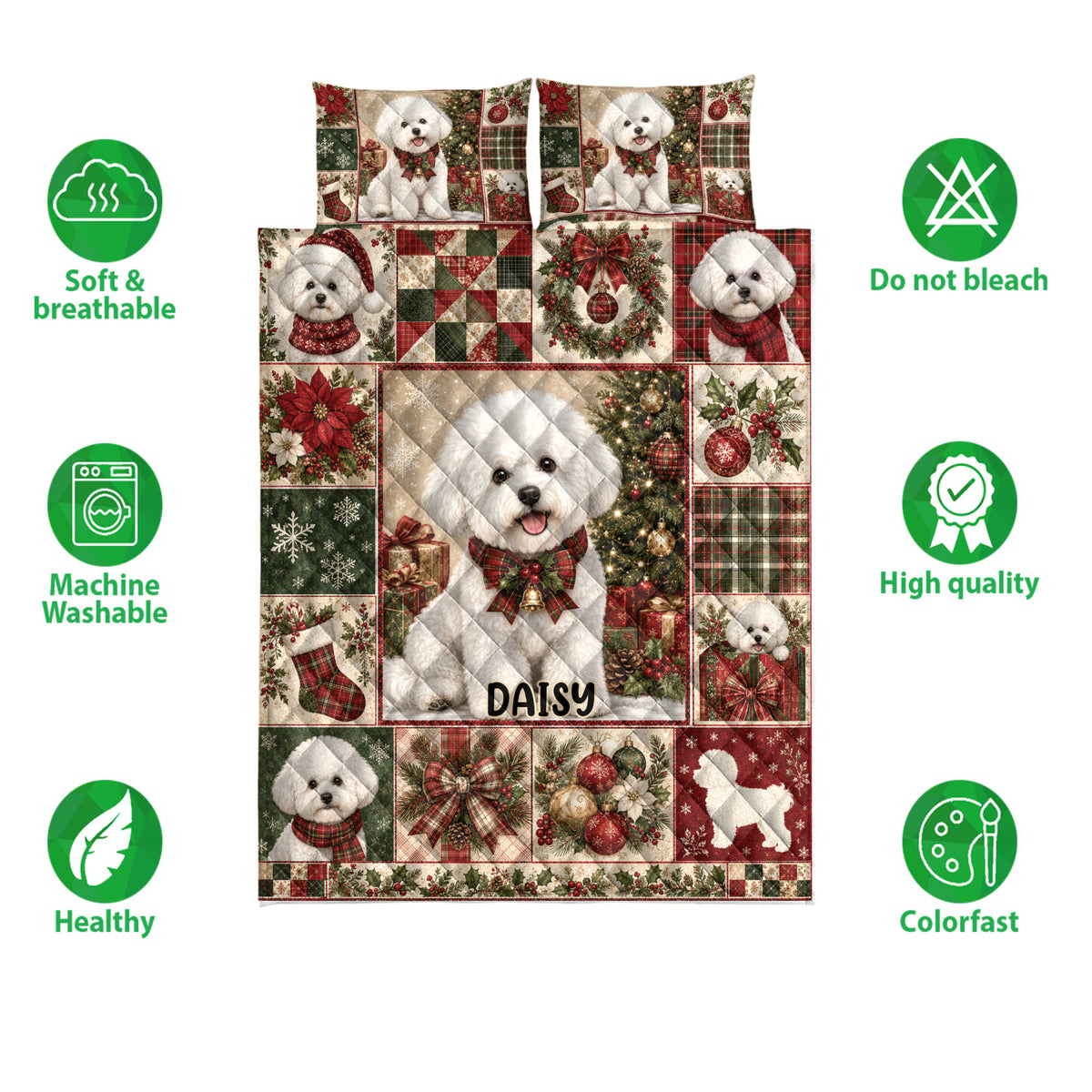 Bichon Frise holiday quilt blanket shown with soft breathable and machine washable feature icons