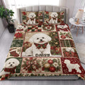 Bichon Frise Christmas quilt blanket styled on a bright bedroom bed with matching pillows