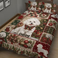 Bichon Frise holiday quilt blanket displayed in a cozy bedroom with festive patchwork details