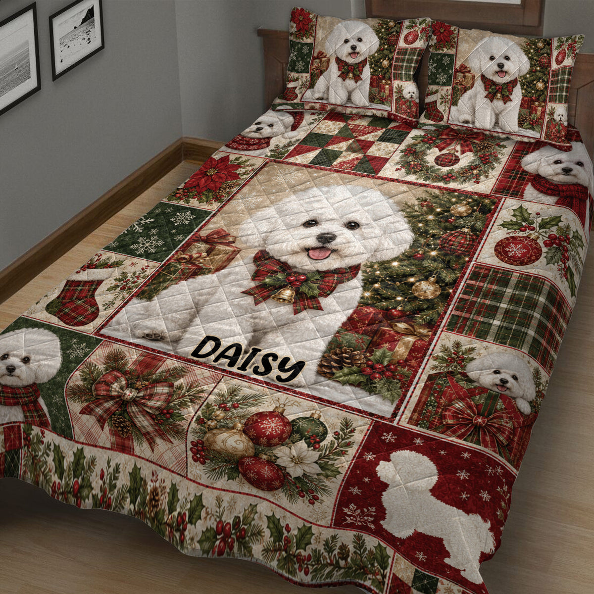 Bichon Frise holiday quilt blanket displayed in a cozy bedroom with festive patchwork details