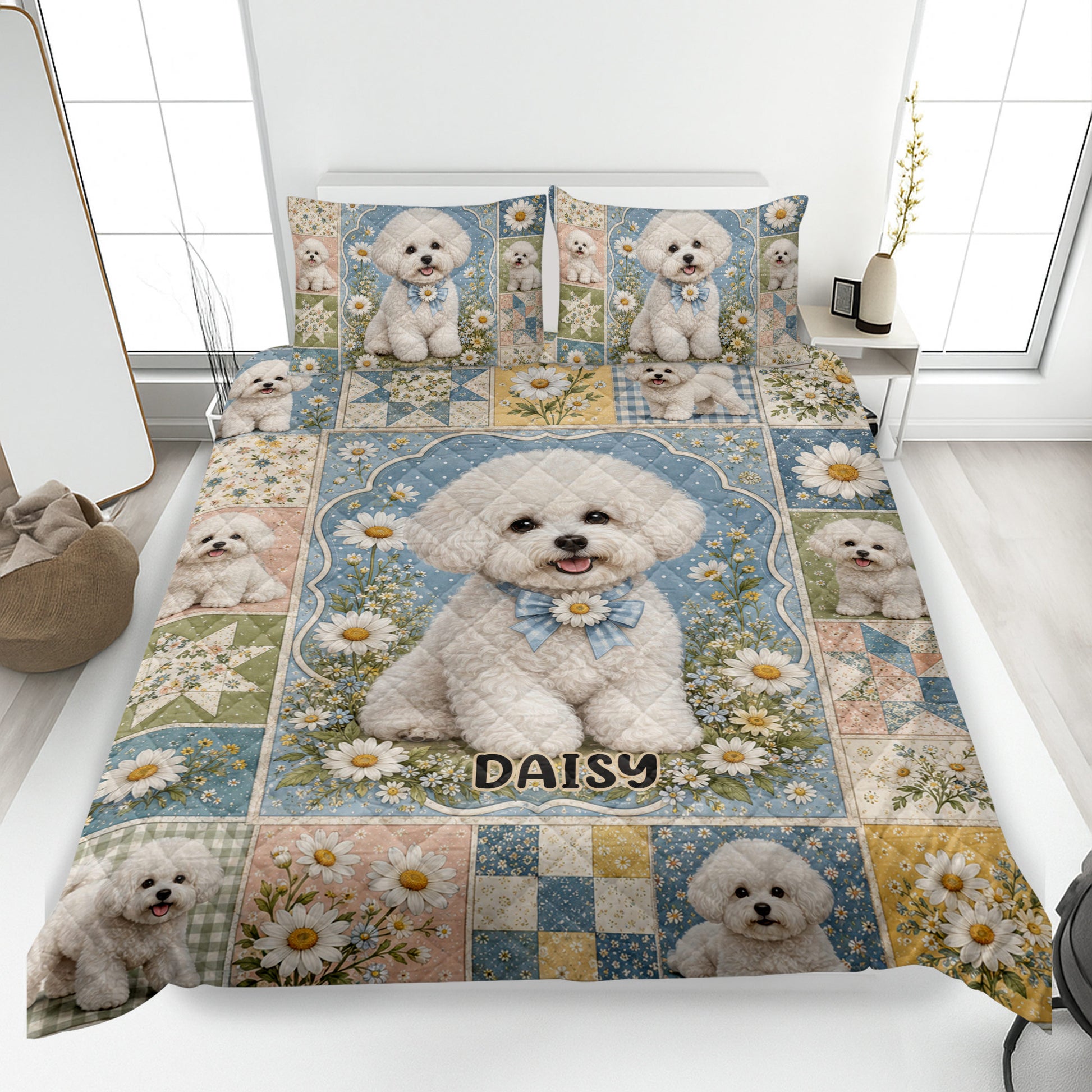 Bichon Frise quilt blanket spread across a bed with floral patchwork, blue accents, and a central dog portrait