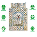 Bichon Frise quilt bedding set shown with floral dog artwork and soft, breathable care feature icons