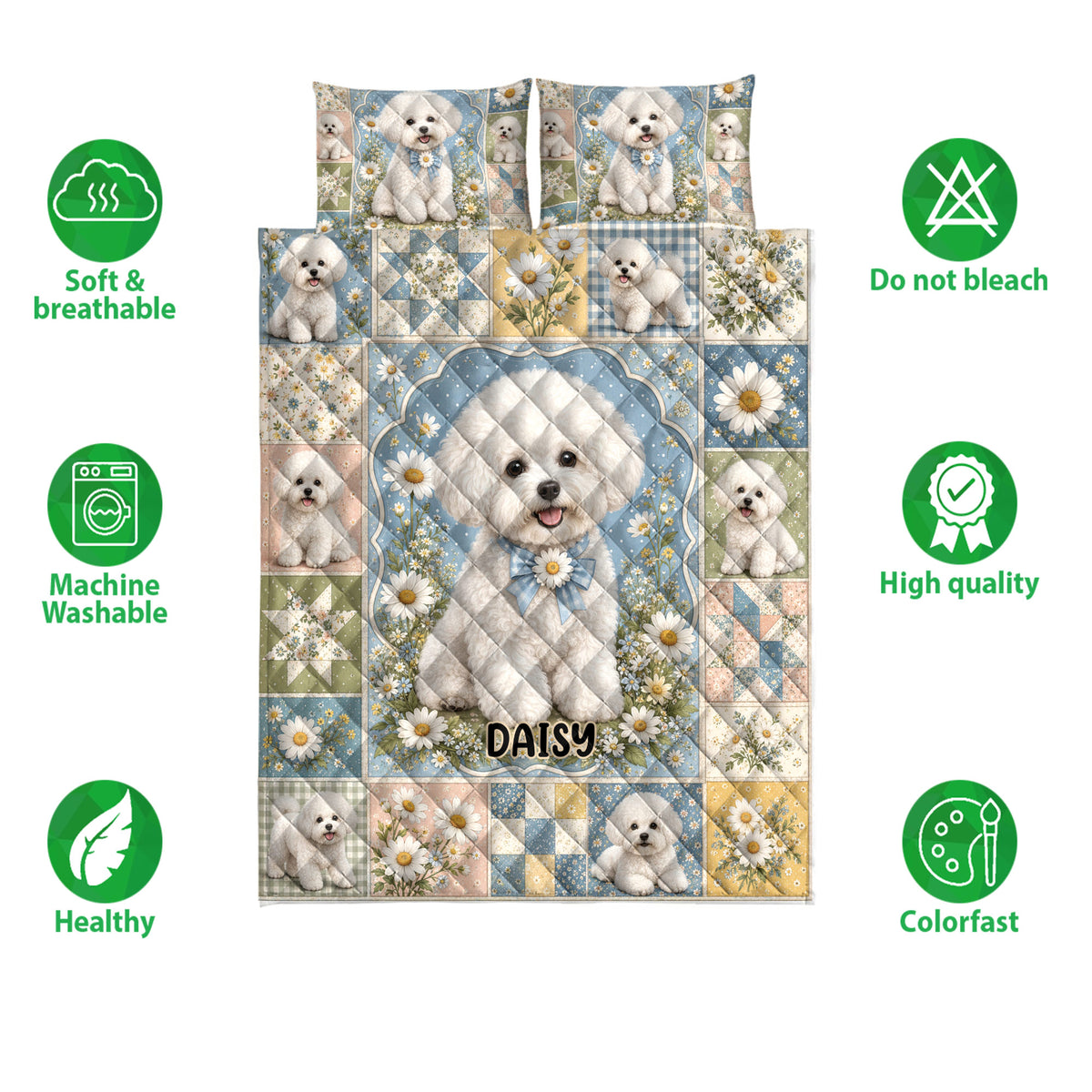 Bichon Frise quilt bedding set shown with floral dog artwork and soft, breathable care feature icons