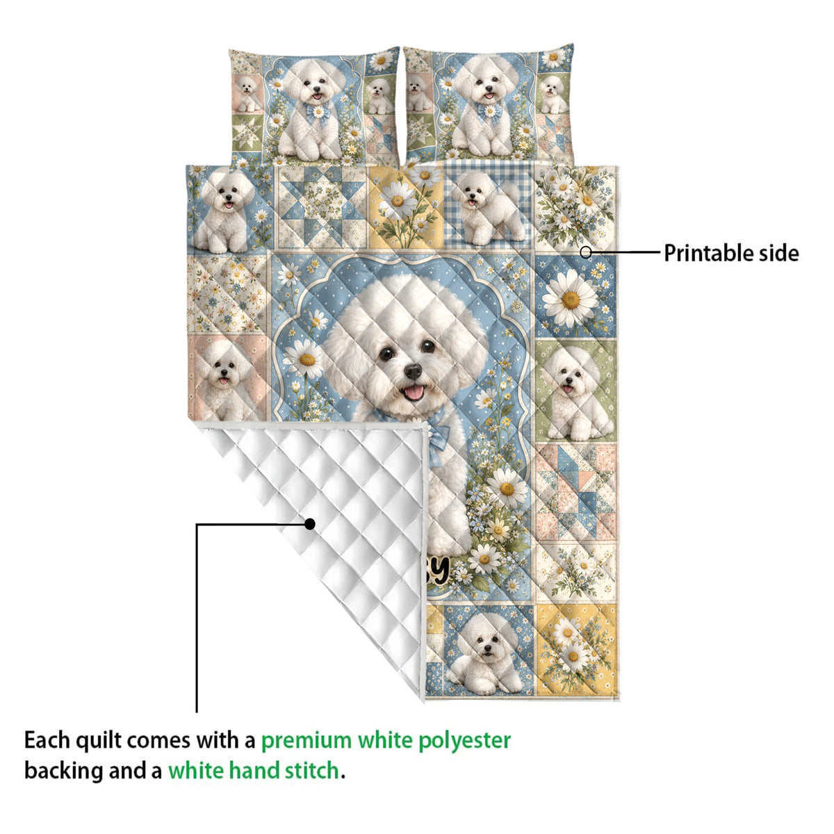 Bichon Frise quilt showing the printed floral front and white diamond-quilted backing