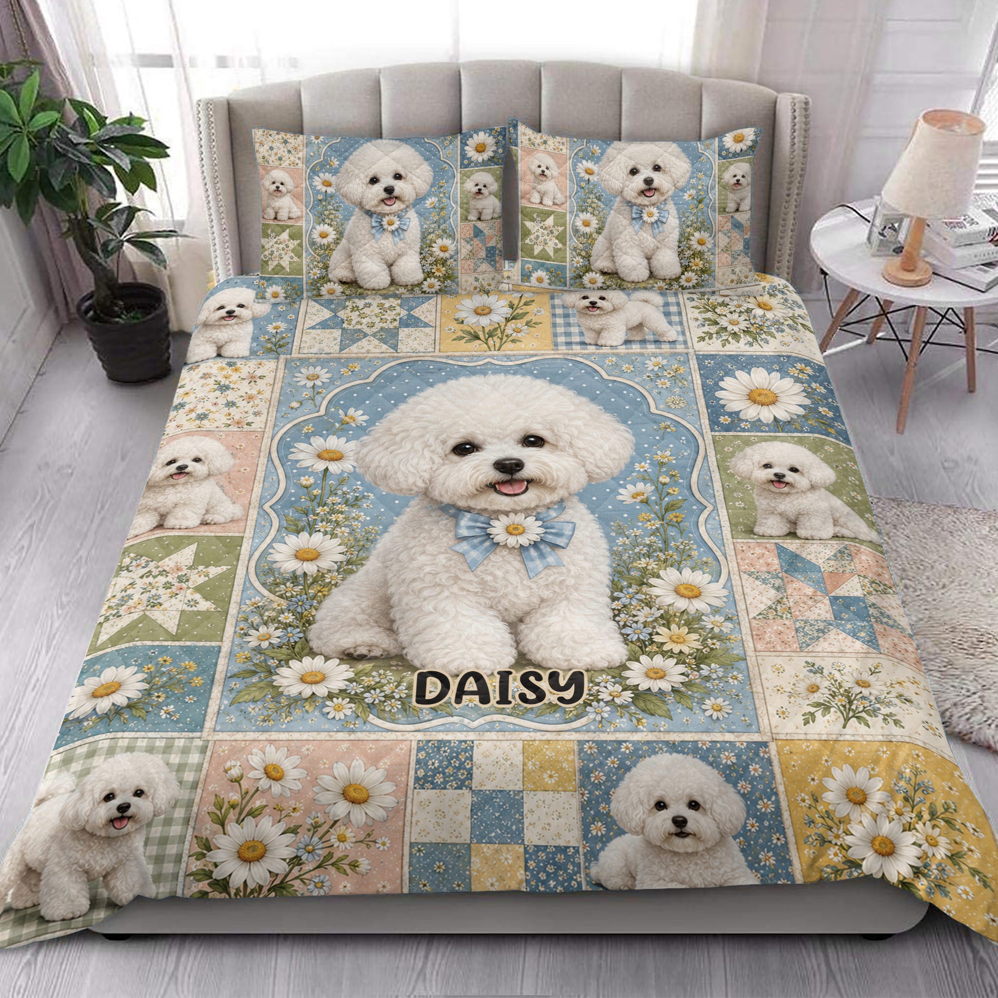 Bichon Frise quilt blanket styled on a bed with matching floral dog artwork and blue, cream, and gold tones