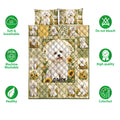 Bichon Frise quilt bedding set shown with sunflower artwork and soft, breathable product features
