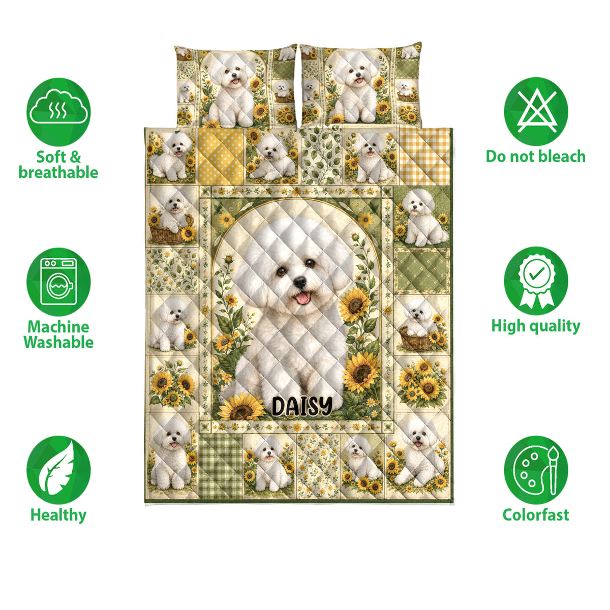 Bichon Frise quilt bedding set shown with sunflower artwork and soft, breathable product features