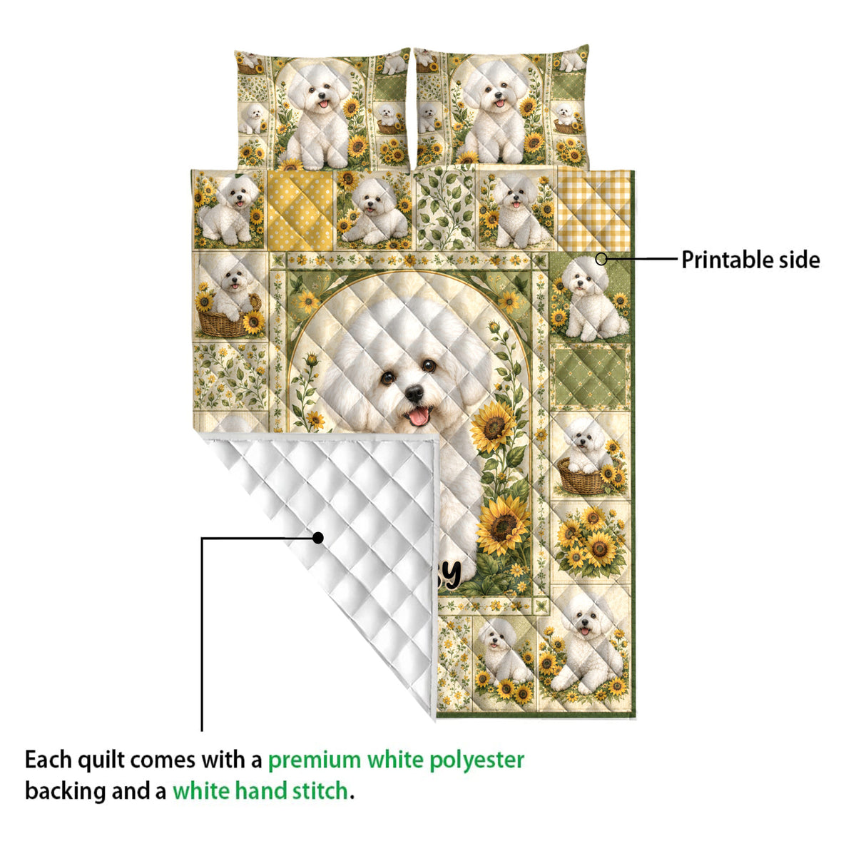 Bichon Frise quilt blanket showing the printed sunflower dog design and white quilted backing