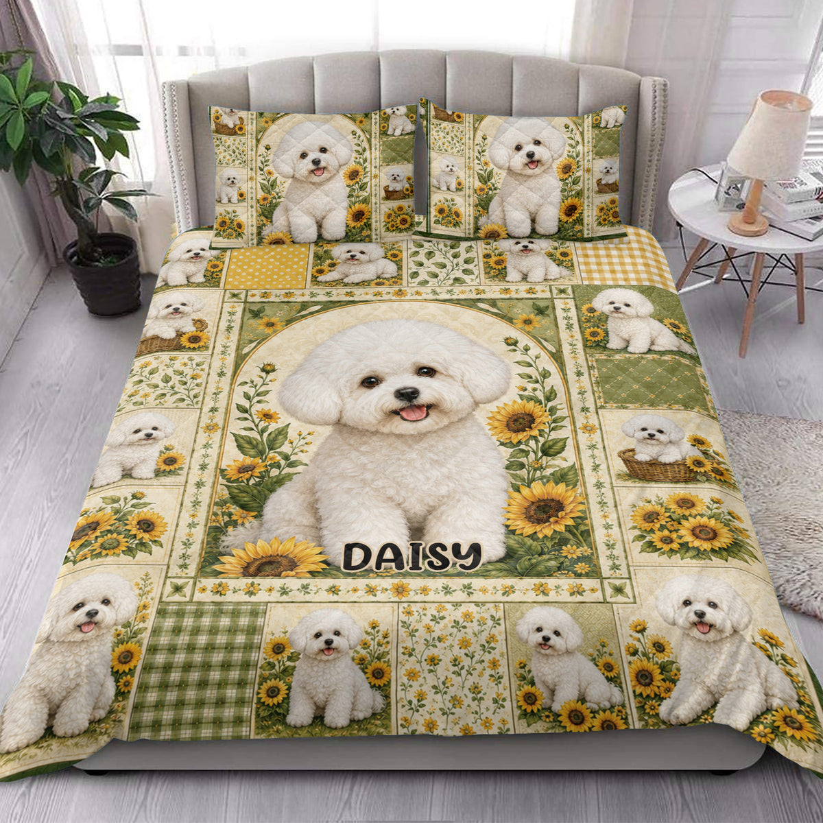 Bichon Frise quilt blanket styled in a bright bedroom with sunflower and green botanical details