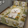Bichon Frise quilt bedding set displayed in a cozy bedroom with repeated dog and sunflower artwork