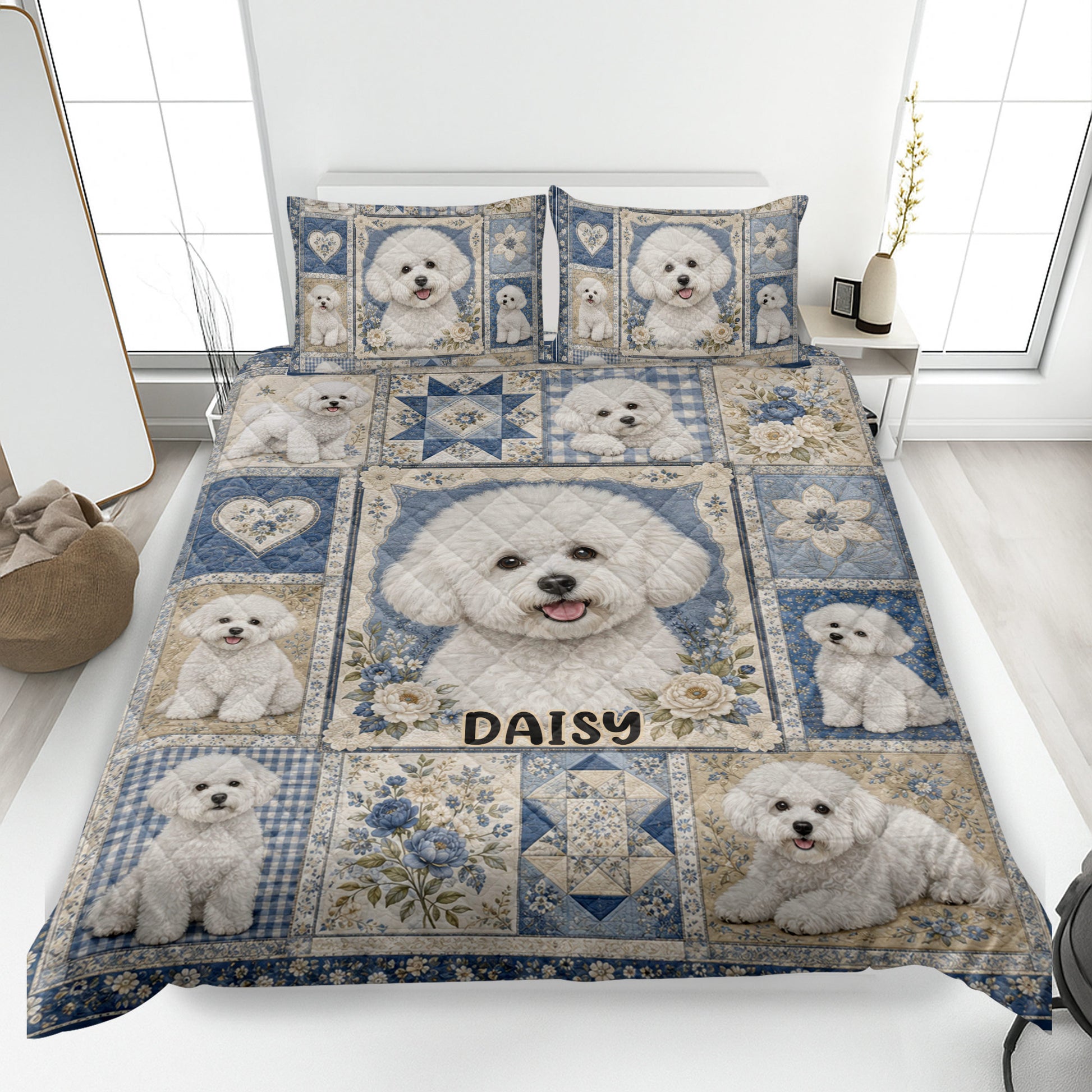 Blue floral Bichon Frise quilt blanket displayed on a bed with coordinating dog artwork